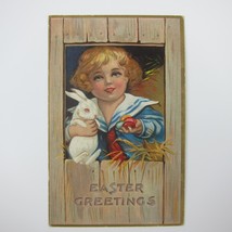 Easter Postcard Boy Blue Sailor Suit Holds White Rabbit Colored Eggs Antique - £7.97 GBP