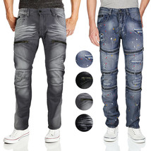 Contender Men&#39;s Cotton Moto Quilted Zip Distressed Ripped Destroyed Denim Jeans - £24.49 GBP