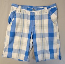 Mens Vurt Blue Plaid Shorts Size 34W Chino Style Flat Front - $12.16