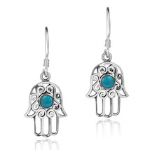 Dainty Swirl Hamsa Hand Blue Turquoise Center Sterling Silver Dangle Earrings - £17.68 GBP
