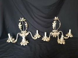 Vintage metal tole flower wall Sconces pair white shabby chic country de... - $252.45