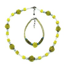 Handmade Lime Green Carved Gemstone Flower Sterling Silver Necklace Bracelet Set - $35.64