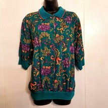 Season Ticket Womens Top size Large to XL Teal Floral Print Banded Blouse - $14.85