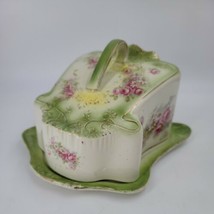 Antique G Bros Stoke-On-Trent c. 1891-1900 Covered Cheese Dish White Green Flora - £38.45 GBP