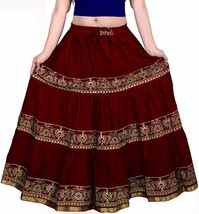 Rajasthani Traditional Ethnic Flared Gold Printed Maroon Women Skirt Free Size - £19.43 GBP