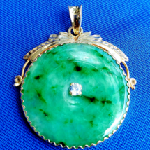 Earth mined Jade and Diamond Vintage Deco Pendant 14k Gold Vivid Green C... - $2,474.01
