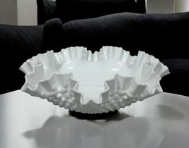 Vtg Fenton White Milk Glass Hobnail Bowl Crimped Ruffled Edge 11.75&quot; Cen... - $29.69