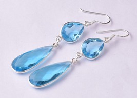925 Sterling Silver Blue Topaz Gemstone Handmade Earrings Women Party Wear Gift - £43.17 GBP