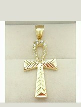 14k Yellow Gold Plated Round Simulated Diamond Egyptian Ankh Cross Pendant - $999.29 MXN