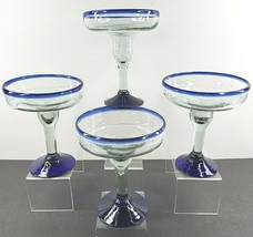 4 Margarita Glasses Set Mexican Hand Blown Cobalt Blue Rim Base Clear Bowl Glass - £44.28 GBP