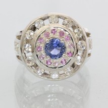 Ceylon Blue Pink White Sapphire Handtooled 925 Ladies Double Halo Ring size 6.75 - £226.34 GBP