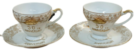 Vtg 7pc Set 50th ANNIVERSARY Cream &amp; Sugar Bowl Tea Cups &amp; Saucers Gold ... - $21.93