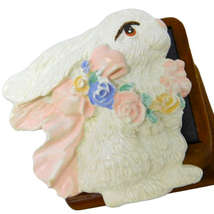 Vintage Bunny Brooch Puffy Ceramic Statement White Pastel Color Flowers Bow - £6.99 GBP
