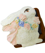 Vintage Bunny Brooch Puffy Ceramic Statement White Pastel Color Flowers Bow - £7.02 GBP