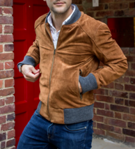 Bomber Leather Jacket for Men Brown Pure Suede Size S M L XL XXL 3XL Custom Made - £125.47 GBP