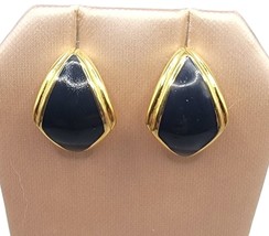 Vtg Monet Black &amp; Gold Earrings Signed Classic Elegant Women Fashion Jewelry - £9.17 GBP