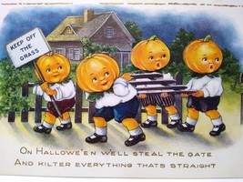 Halloween Postcard Whitney Fantasy Anthropomorphic Pumpkin Face Heads Goblins - £54.42 GBP