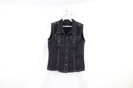 Vintage 90s Gothic Womens Large Faded Buckle Strap Sleeveless Button Vest Black - £55.22 GBP