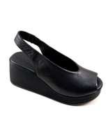 Lonza 186167 Black Leather Mid Wedge Platform Peep Toe Comfort Sandal - $135.20
