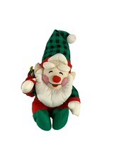 Nylon Plush Santa Claus Plaid Green Red Christmas Holiday Sitting 12.5&quot; Toy - $14.85