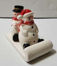 Vintage Ceramic Snowman Sitting on Sled Salt and Pepper Shakers w/ Stopp... - £18.50 GBP