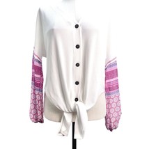 Baea Top Women&#39;s 2X White Waffle Knit Pink Pattern Long Sleeve Button Vneck NEW - £37.19 GBP