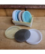 Vintage Tupperware Pastel Wagon Wheel Coasters Set of 5 &amp; Caddy Rack Hol... - $32.08 CAD
