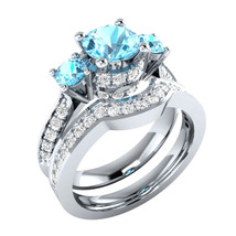 Engagement Ring Set 3.10Ct Lab Created Aquamarine 925 Sterling Silver Size 6.5 - £125.02 GBP