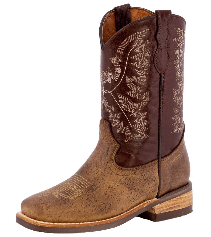 Kids Unisex Genuine Leather Cowboy Boots Brown Square Toe Casual Rodeo S... - $54.44