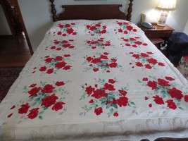 Vintage Wilendur?? Red Roses Cotton White Tablecloth - 53-1/2&quot; X 69-1/2&quot; - £19.52 GBP
