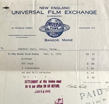 Universal Films Exchange 1915 WW2 Era Invoice Center Theater Maine DWEE3... - $39.99