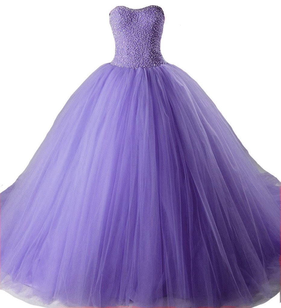 Kivary Beaded Crystals Pearls Sweetheart Long Tulle Prom Formal Quinceanera Dres