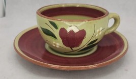 Stangl Magnolia Cup &amp; Saucer Hand Painted Maroon Yellow Green Engobe  U215 - £19.51 GBP