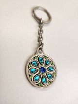 Avon vintage jeweled keychain hang tags Flower Blue Green Teal Rhinestone - £4.45 GBP