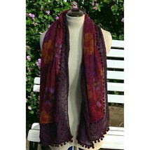 Purple Floral Knit Long Scarf with Pom Pom Accents NWT 60&quot; Long - £10.91 GBP