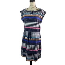 T by Talbots Stripe Shift Dress Women Sp Tie Waist Short Slv Split Neck Colorful - £12.91 GBP
