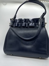 navy blue leather handbag Vintage 80s Y2K Ruffle Girly Dark Gold Trim - $17.82