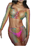 Women&#39;s Rainbow Fishnet Rave Festival 2 Pc Mesh Long Sleeve and Top Skir... - $27.01 CAD