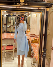 Long Sleeve  Sheath Skirt Tea Length Jersey Pleat Irregular Ribbon Mother dress - £61.34 GBP