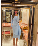 Long Sleeve  Sheath Skirt Tea Length Jersey Pleat Irregular Ribbon Mother dress - $78.00