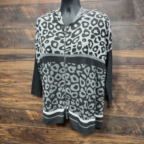 Joseph A Sweater Small Grey Leopard Print Cardigan Full Zip Cozy Oversized - $11.40