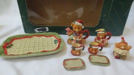 Vintage Mini Tea Set Santa Bear Christmas Decor 8 Piece Polystone Resin 1995 - £7.98 GBP
