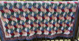 Hand Crafted  Bed quilt Cube Design Full Sized Multi Colored Stains Need Repairs - $87.32