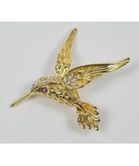 VINTAGE HUMMINGBIRD BROOCH PIN GOLD BIRD COSTUME JEWELRY RHINESTONES - $9.49