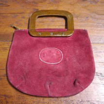 Vintage 70s Burgundy Red Leather Suede Wood Handle Zip Top Bermuda Purse - £23.58 GBP