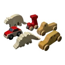 Wood Wooden Toy Lot 3 Cars 2 Dinosaurs 1 Rolling &quot;J&quot; - $9.89