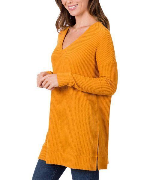 Zenana Golden Mustard Waffle-Knit V-Neck Hi-Low Sweater Gold Size Small ... - $11.39
