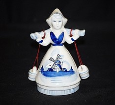 Vintage Delft Style Blue &amp; White Porcelain Dutch Girl Figurine w Water B... - £11.68 GBP