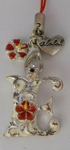 Painted Metal Keychain White Silver Letter &quot;E&quot; Charm Red Hibiscus Aloha Hawaii - £6.33 GBP