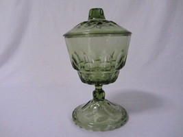 Indiana Glass Tall Thumbprint Light Olive Green Covered Candy Compote Mint - £9.74 GBP